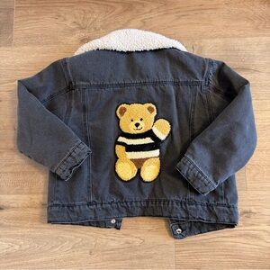 Zara Charcoal Black Wash Denim Jacket Back Teddy Patch Size 3-4 Toddler Kids